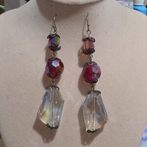 Iridescent Pink Crystal Drop Earrings with Antique-Tone Accents